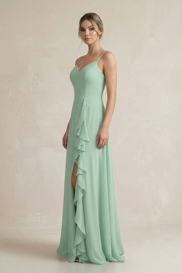 Sweetheart Ruffled A-Line Chiffon Bridesmaid Dress with Slit in Pale Pistachio - KISS BRIDAL BRIDESMAID DRESSES