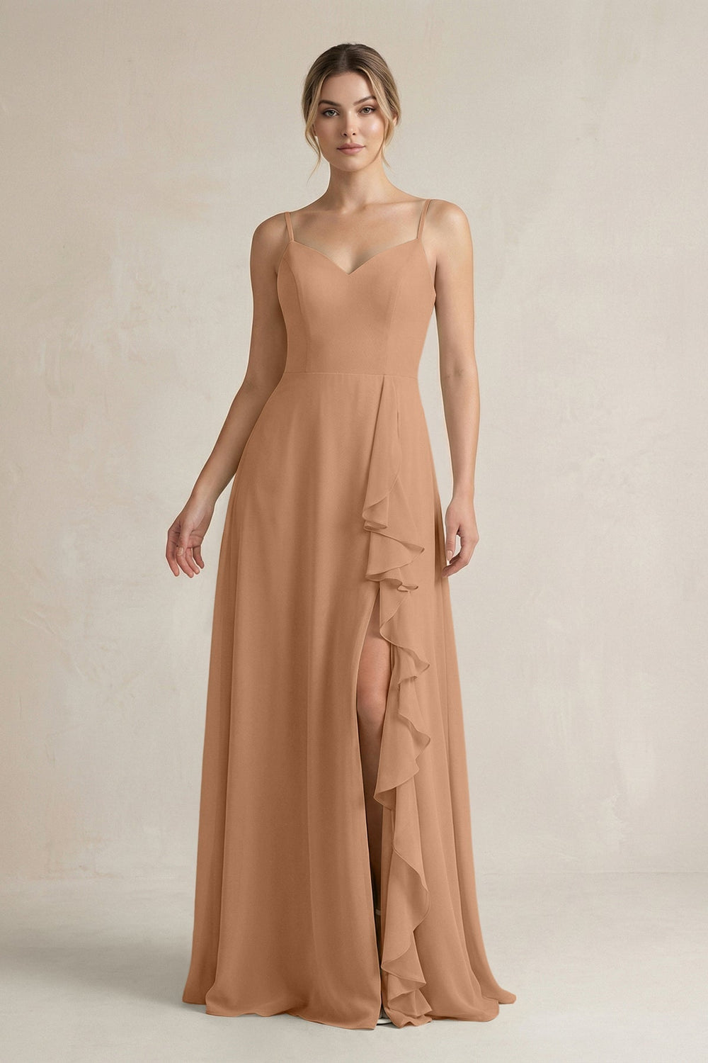 Sweetheart Ruffled A-Line Chiffon Bridesmaid Dress with Slit in Bronzer