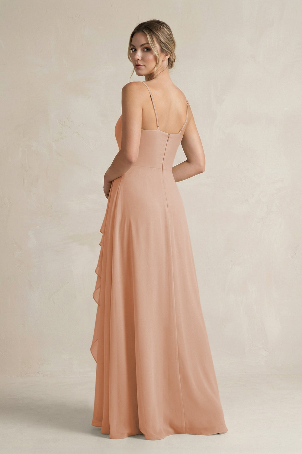 Sweetheart Ruffled A-Line Chiffon Bridesmaid Dress with Slit in Champagne Rose
