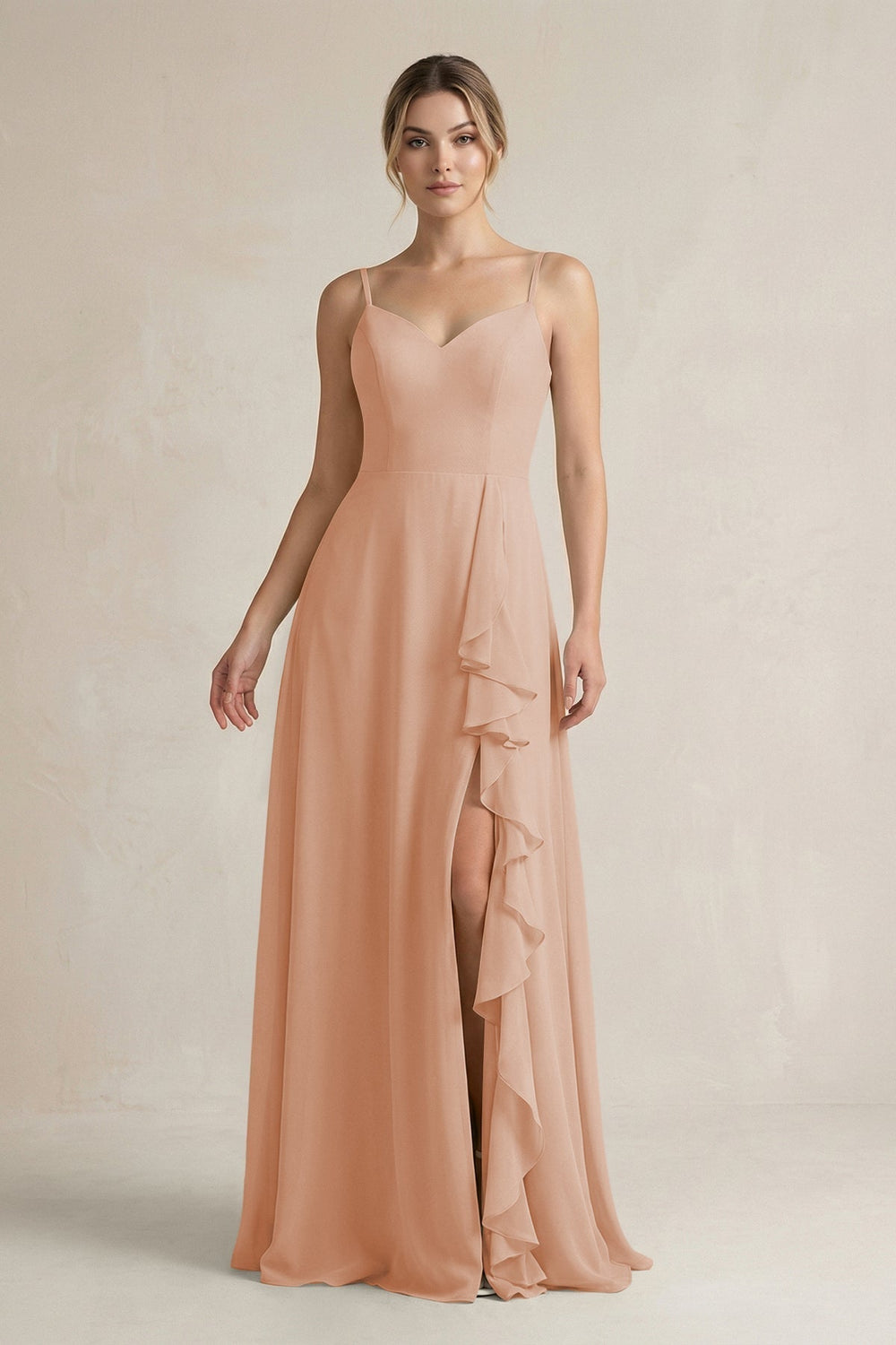 Sweetheart Ruffled A-Line Chiffon Bridesmaid Dress with Slit in Champagne Rose