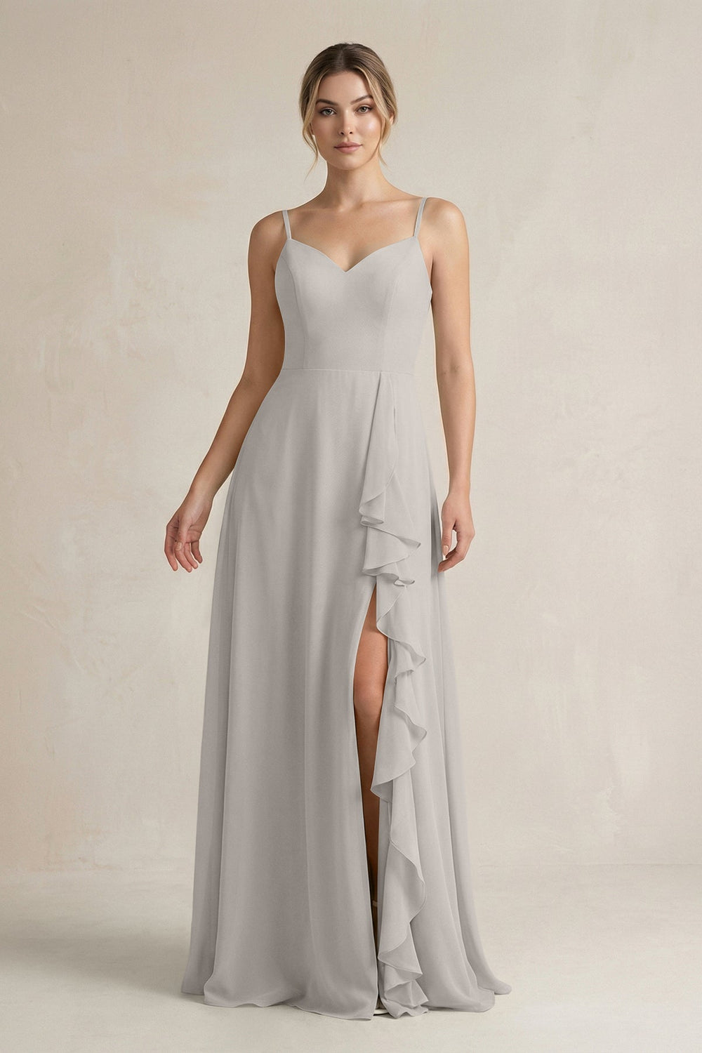 Sweetheart Ruffled A-Line Chiffon Bridesmaid Dress with Slit in Silver