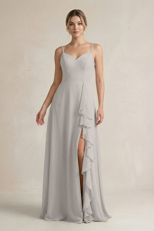 Sweetheart Ruffled A - Line Chiffon Bridesmaid Dress with Slit in Silver - KISS BRIDAL Bridesmaid Dresses