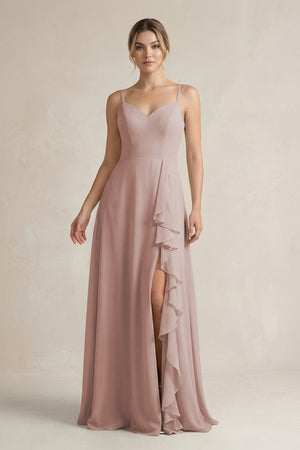 Sweetheart Ruffled A-Line Chiffon Bridesmaid Dress with Slit in Toffee | KISSBRIDAL