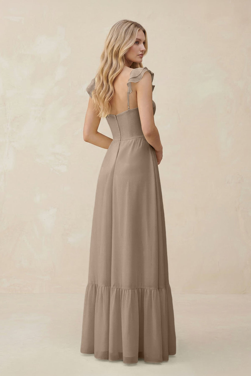 Sweetheart Ruffled Sleeve A-Line Chiffon Bridesmaid Dress in Almond