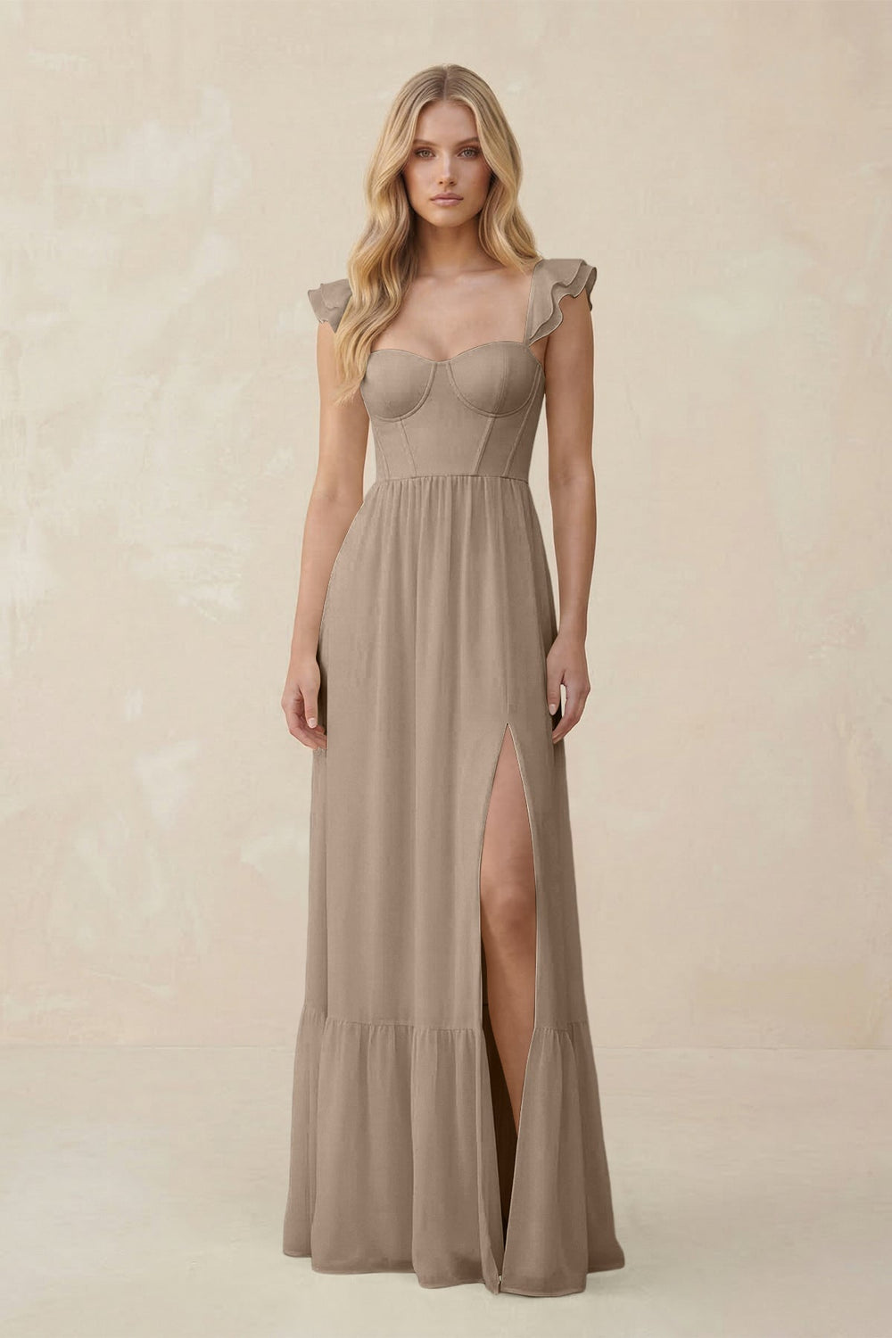 Sweetheart Ruffled Sleeve A-Line Chiffon Bridesmaid Dress in Almond