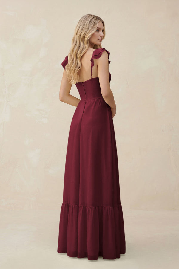Sweetheart Ruffled Sleeve A-Line Chiffon Bridesmaid Dress in Berry (2) | KISSBRIDAL