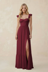 Sweetheart Ruffled Sleeve A-Line Chiffon Bridesmaid Dress in Berry | KISSBRIDAL