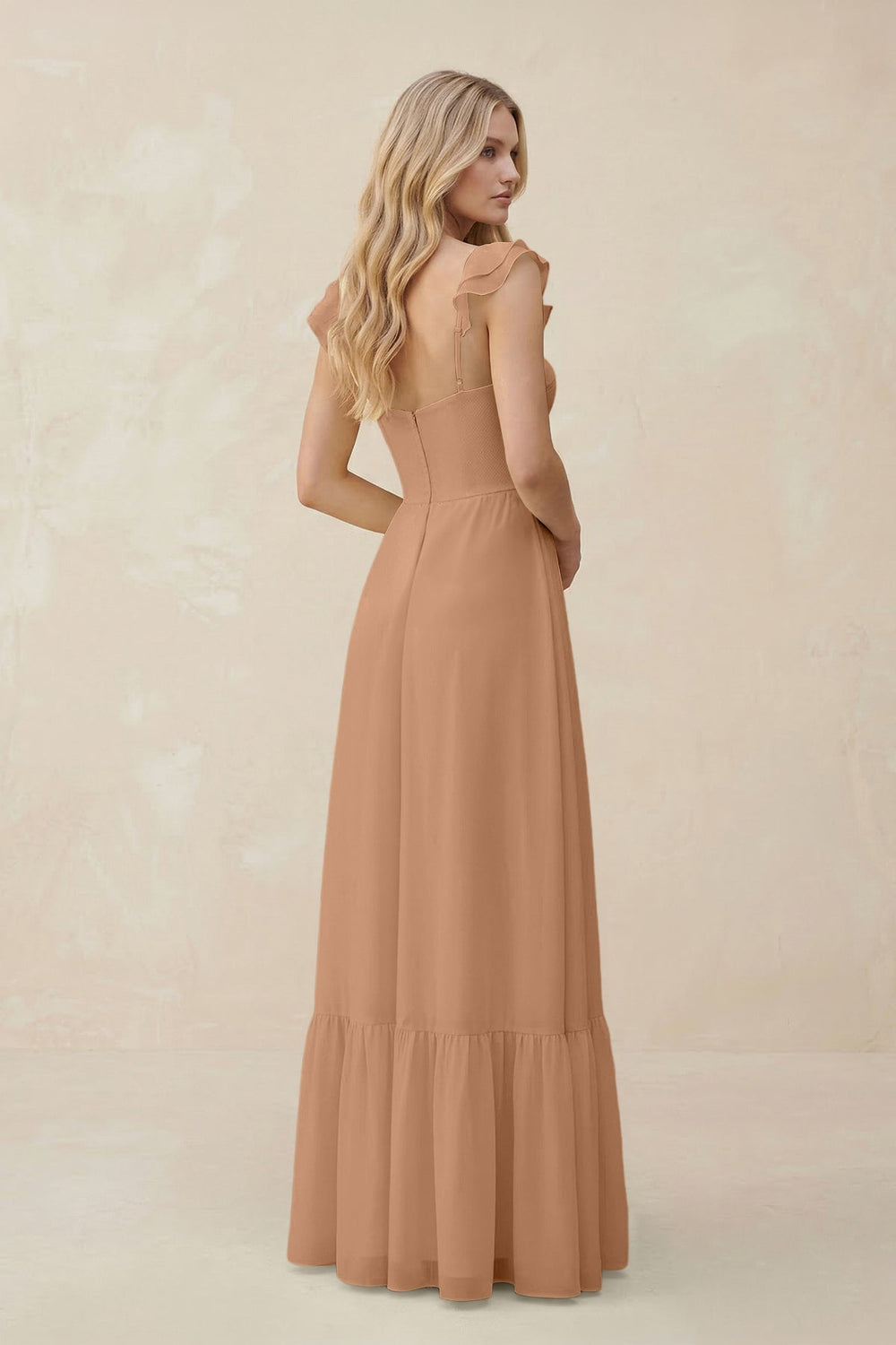 Sweetheart Ruffled Sleeve A-Line Chiffon Bridesmaid Dress in Bronzer