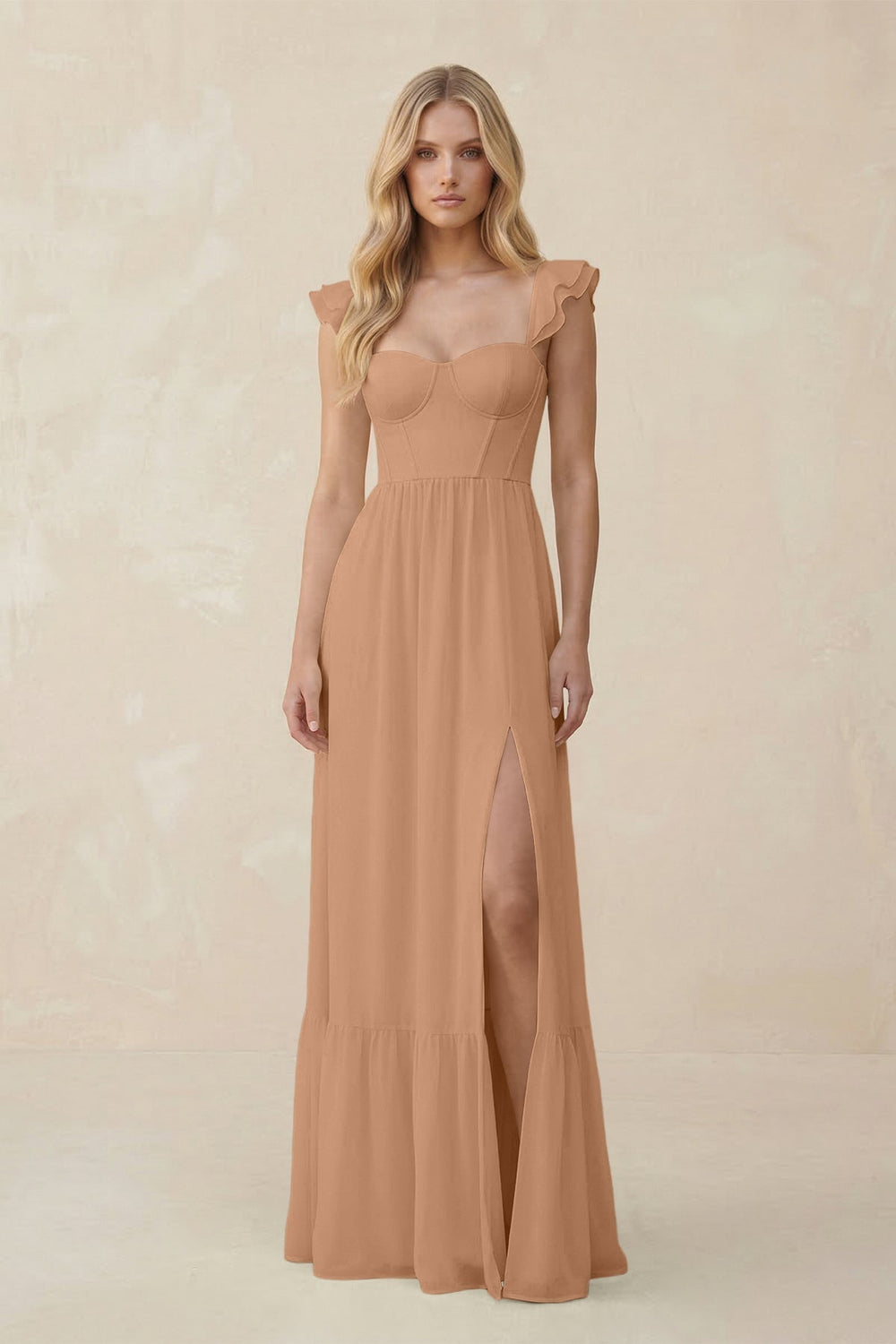 Sweetheart Ruffled Sleeve A-Line Chiffon Bridesmaid Dress in Bronzer