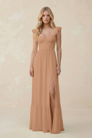 Sweetheart Ruffled Sleeve A - Line Chiffon Bridesmaid Dress in Bronzer - KISS BRIDAL Bridesmaid Dresses