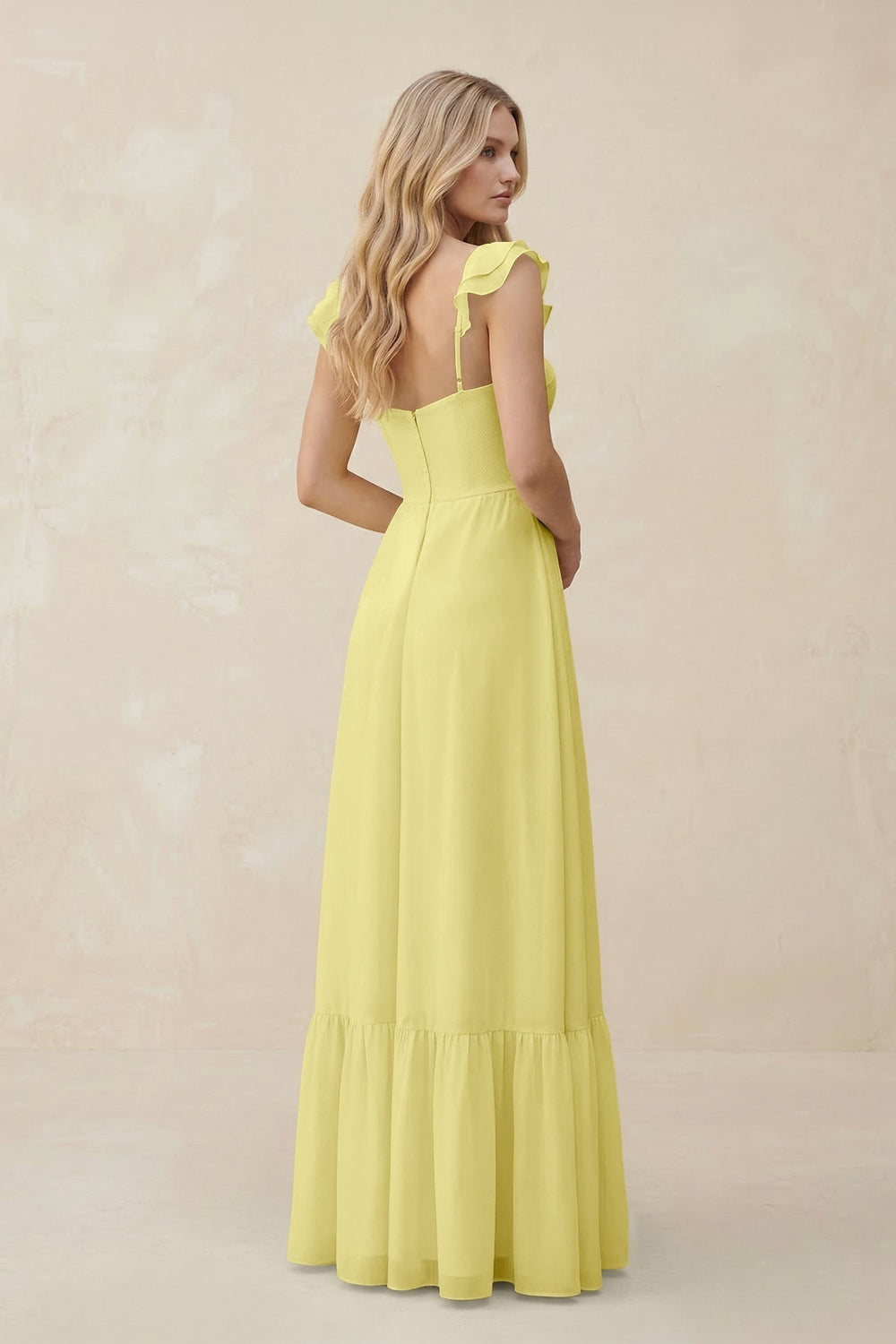 Sweetheart Ruffled Sleeve A-Line Chiffon Bridesmaid Dress in Buttercup