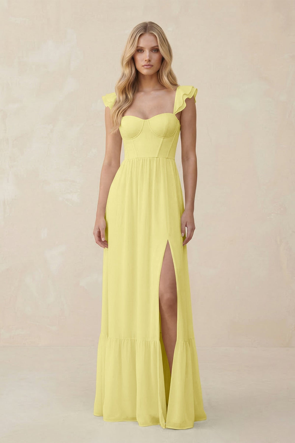 Sweetheart Ruffled Sleeve A-Line Chiffon Bridesmaid Dress in Buttercup