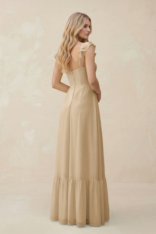 Sweetheart Ruffled Sleeve A-Line Chiffon Bridesmaid Dress in Champagne (2) | KISSBRIDAL