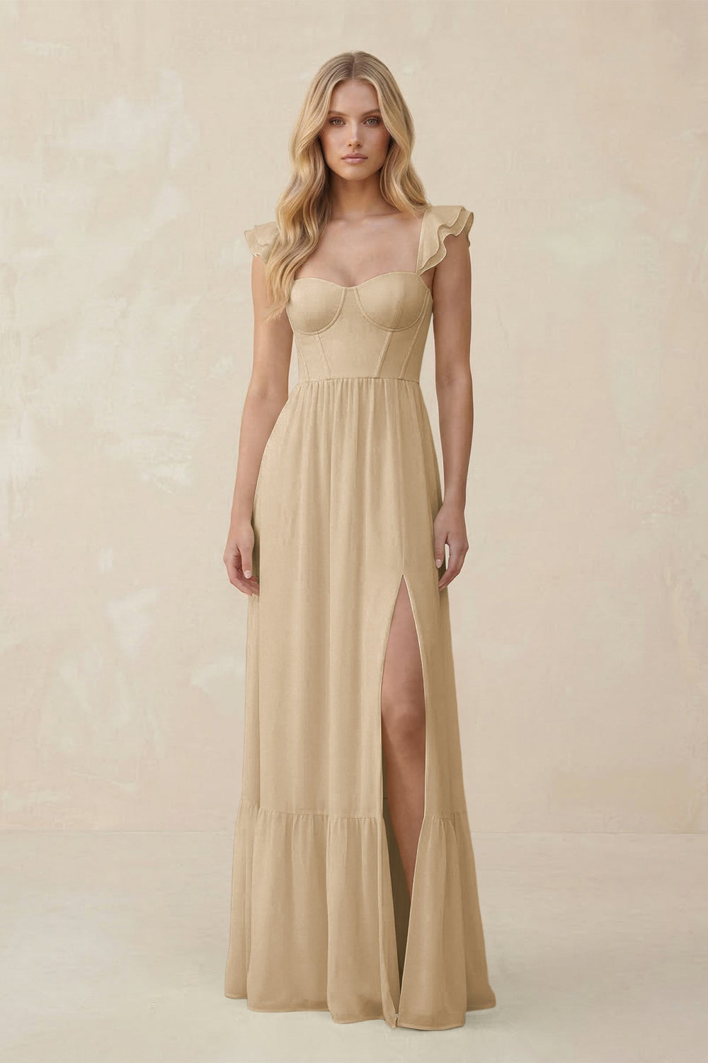 Sweetheart Ruffled Sleeve A-Line Chiffon Bridesmaid Dress in Champagne