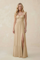 Sweetheart Ruffled Sleeve A-Line Chiffon Bridesmaid Dress in Champagne | KISSBRIDAL