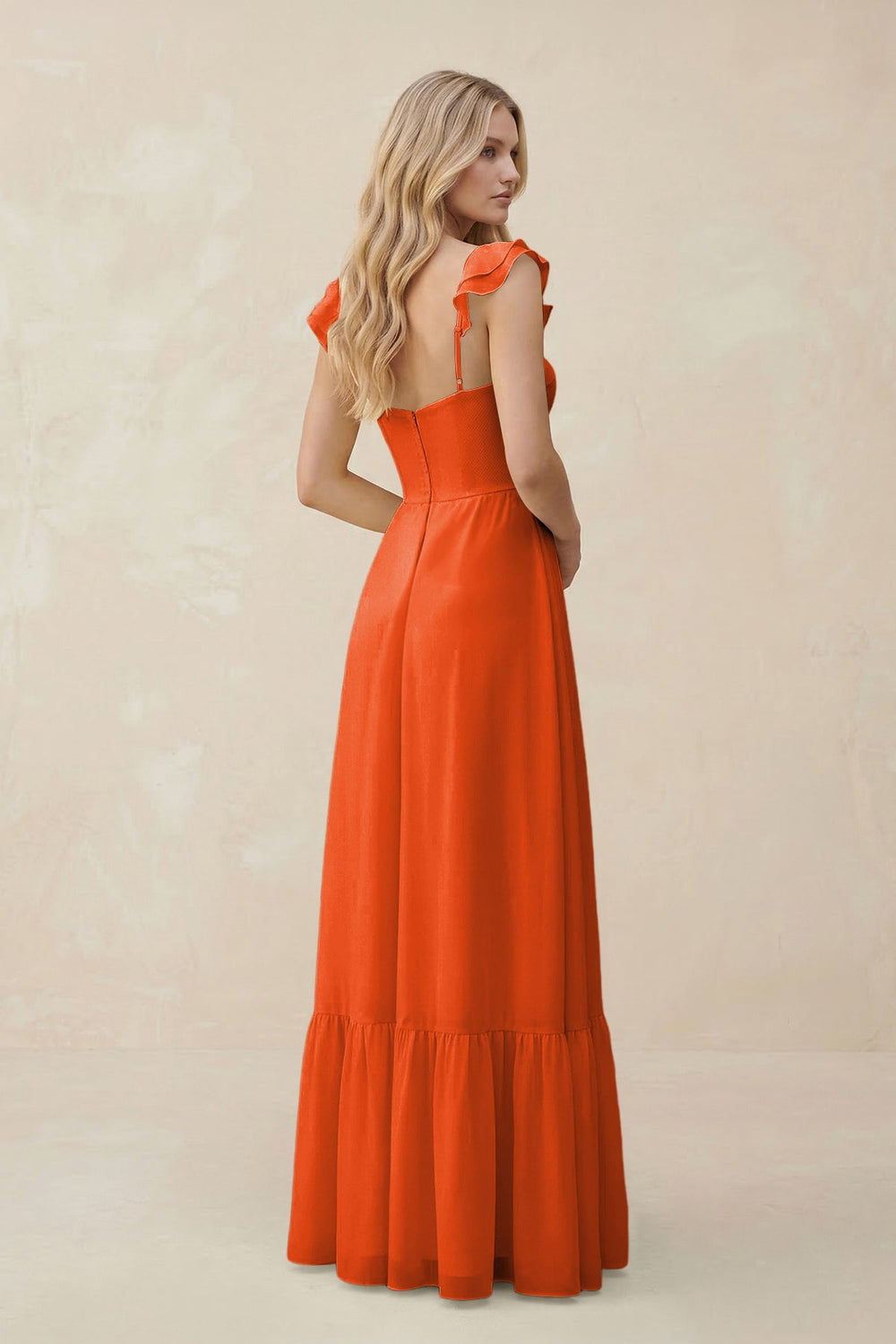 Sweetheart Ruffled Sleeve A-Line Chiffon Bridesmaid Dress in Cinnamon