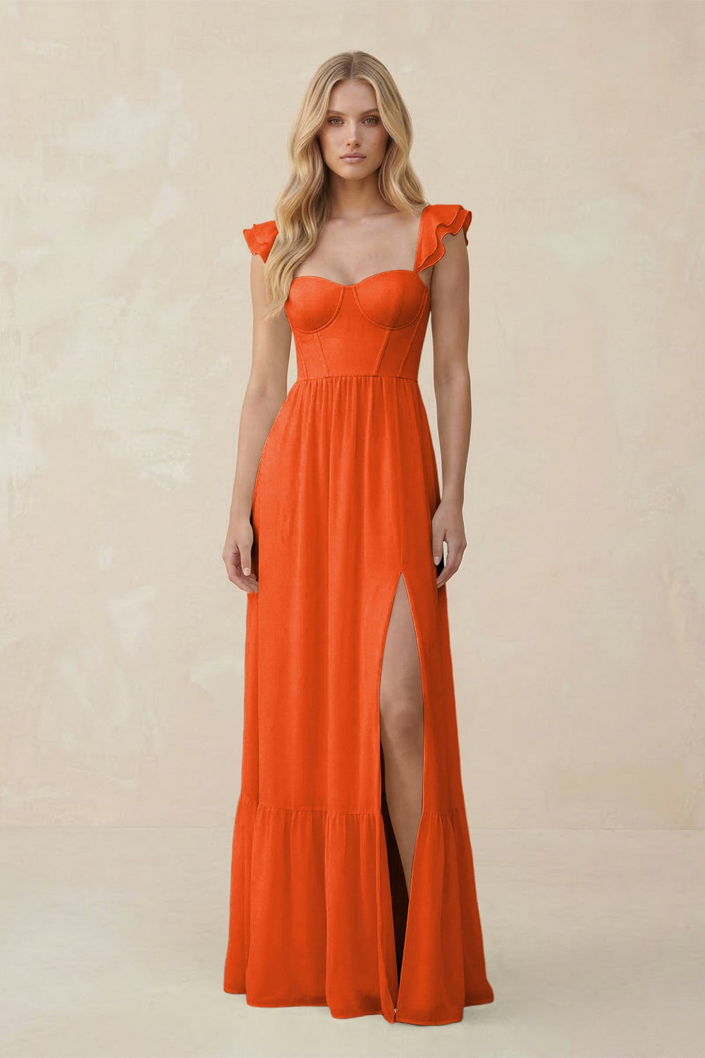 Sweetheart Ruffled Sleeve A-Line Chiffon Bridesmaid Dress in Cinnamon