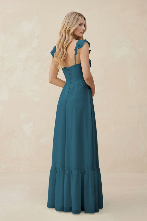 Sweetheart Ruffled Sleeve A - Line Chiffon Bridesmaid Dress in Dark Teal - KISS BRIDAL Bridesmaid Dresses
