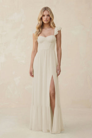 Sweetheart Ruffled Sleeve A - Line Chiffon Bridesmaid Dress in Dove Gray - KISS BRIDAL Bridesmaid Dresses