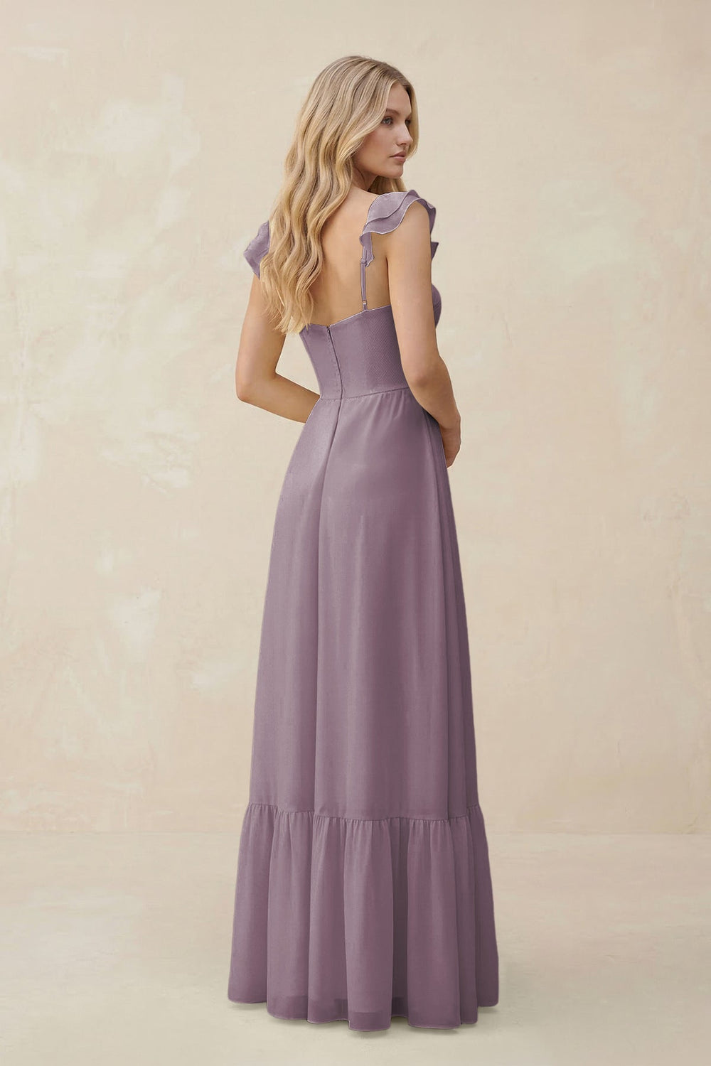 Sweetheart Ruffled Sleeve A-Line Chiffon Bridesmaid Dress in Dusk
