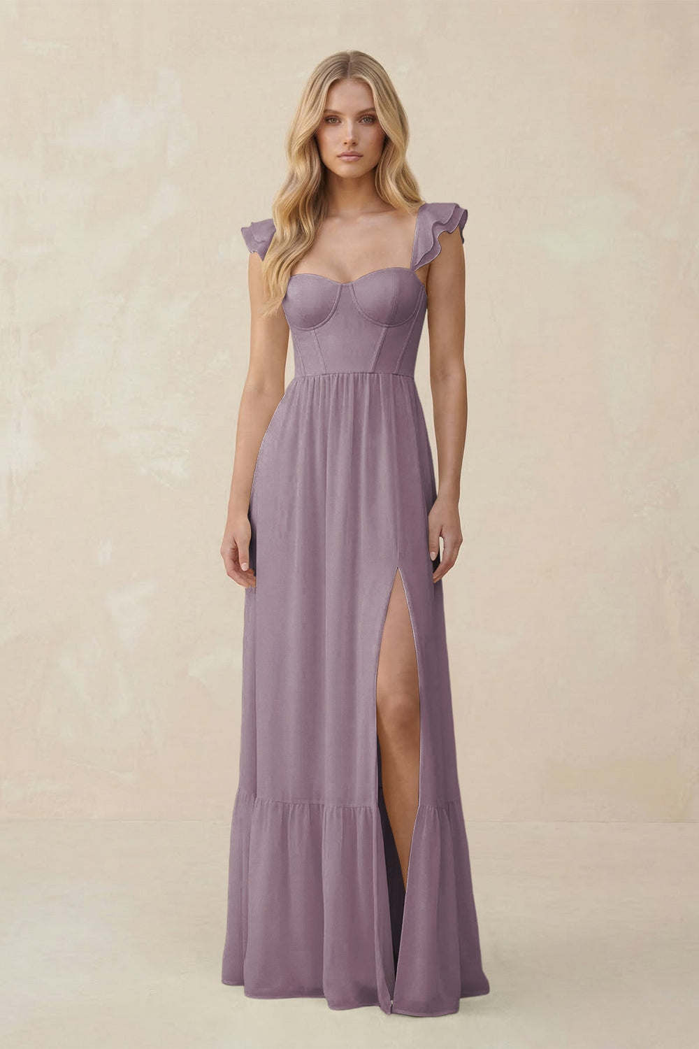 Sweetheart Ruffled Sleeve A-Line Chiffon Bridesmaid Dress in Dusk