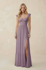 Sweetheart Ruffled Sleeve A-Line Chiffon Bridesmaid Dress in Dusk | KISSBRIDAL