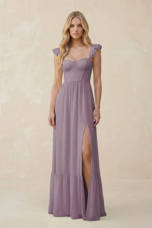 Sweetheart Ruffled Sleeve A-Line Chiffon Bridesmaid Dress in Dusk | KISSBRIDAL