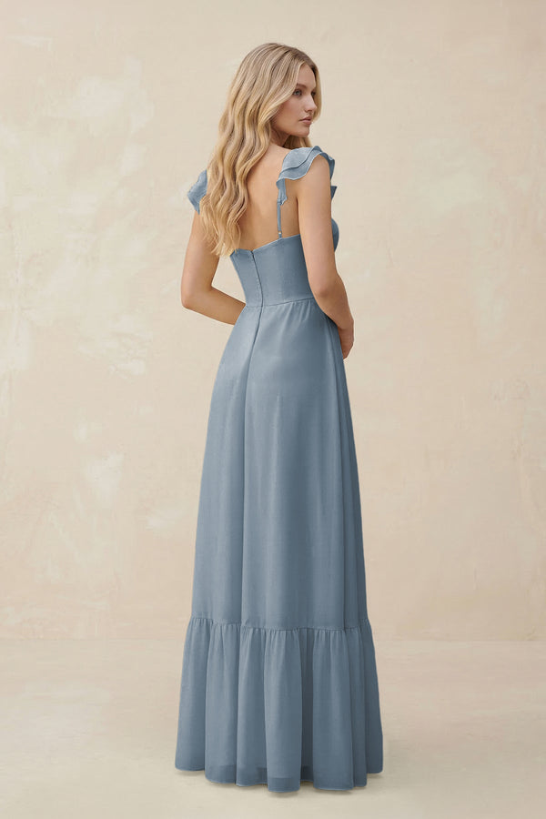 Sweetheart Ruffled Sleeve A-Line Chiffon Bridesmaid Dress in Dusty Blue (2) | KISSBRIDAL