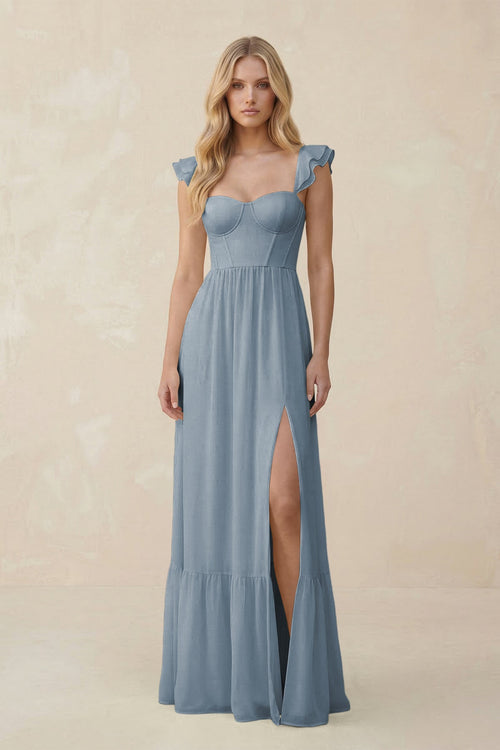 Sweetheart Ruffled Sleeve A-Line Chiffon Bridesmaid Dress in Dusty Blue | KISSBRIDAL