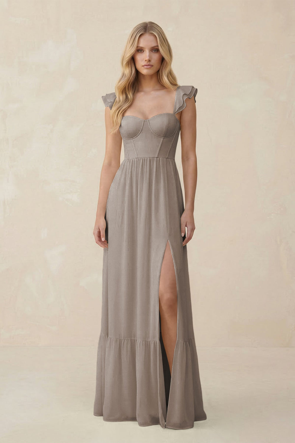 Sweetheart Ruffled Sleeve A-Line Chiffon Bridesmaid Dress in Frost