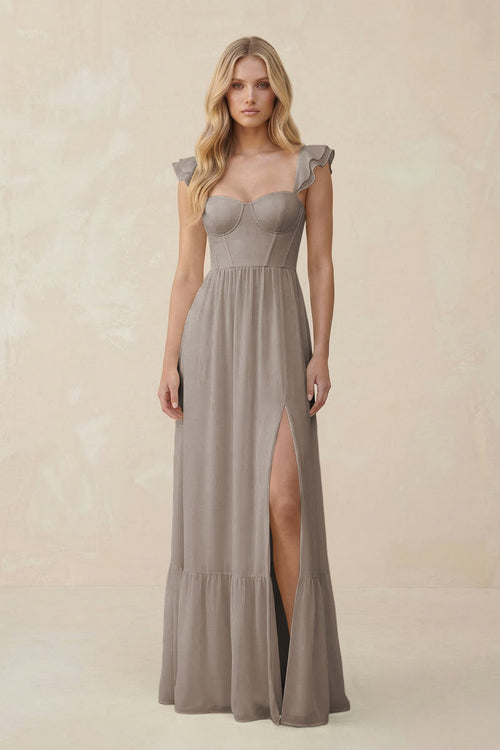 Sweetheart Ruffled Sleeve A-Line Chiffon Bridesmaid Dress in Frost | KISSBRIDAL