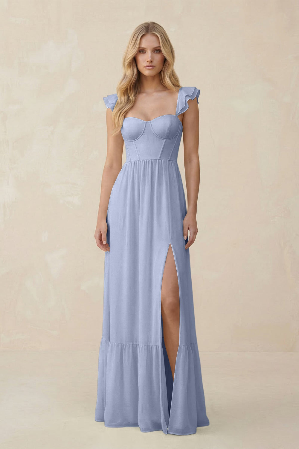 Sweetheart Ruffled Sleeve A-Line Chiffon Bridesmaid Dress in Ice