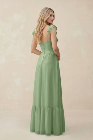 Sweetheart Ruffled Sleeve A-Line Chiffon Bridesmaid Dress in Matcha (2) | KISSBRIDAL