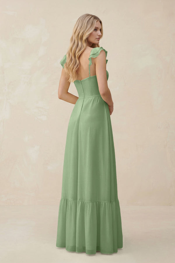 Sweetheart Ruffled Sleeve A-Line Chiffon Bridesmaid Dress in Matcha (2) | KISSBRIDAL