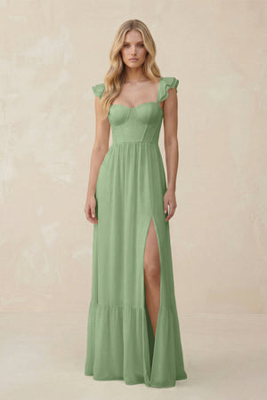 Sweetheart Ruffled Sleeve A-Line Chiffon Bridesmaid Dress in Matcha | KISSBRIDAL