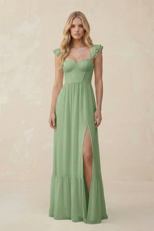 Sweetheart Ruffled Sleeve A-Line Chiffon Bridesmaid Dress in Matcha | KISSBRIDAL
