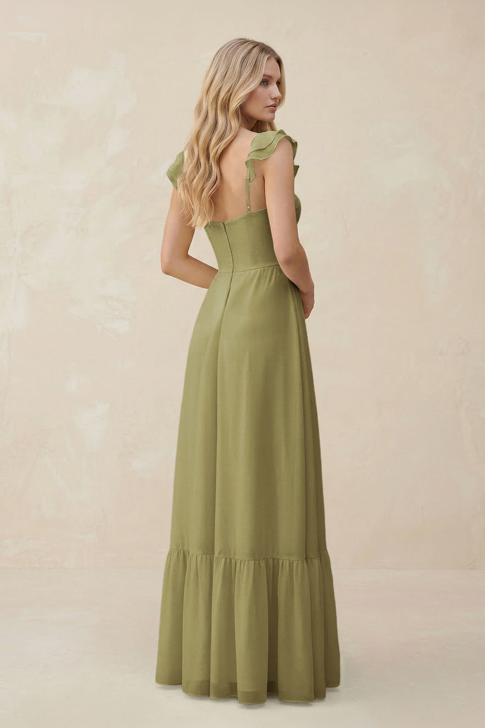 Sweetheart Ruffled Sleeve A-Line Chiffon Bridesmaid Dress in Moss Green