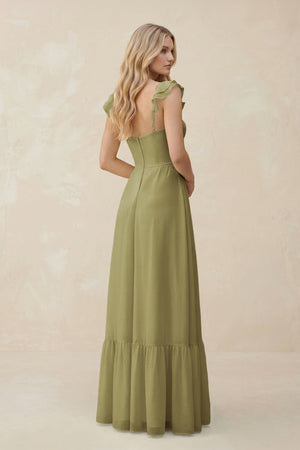 Sweetheart Ruffled Sleeve A-Line Chiffon Bridesmaid Dress in Moss Green (2) | KISSBRIDAL