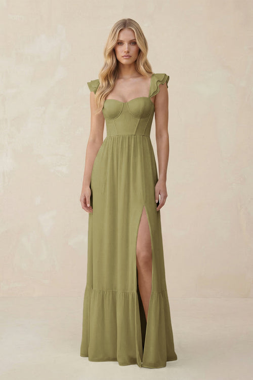 Sweetheart Ruffled Sleeve A-Line Chiffon Bridesmaid Dress in Moss Green | KISSBRIDAL
