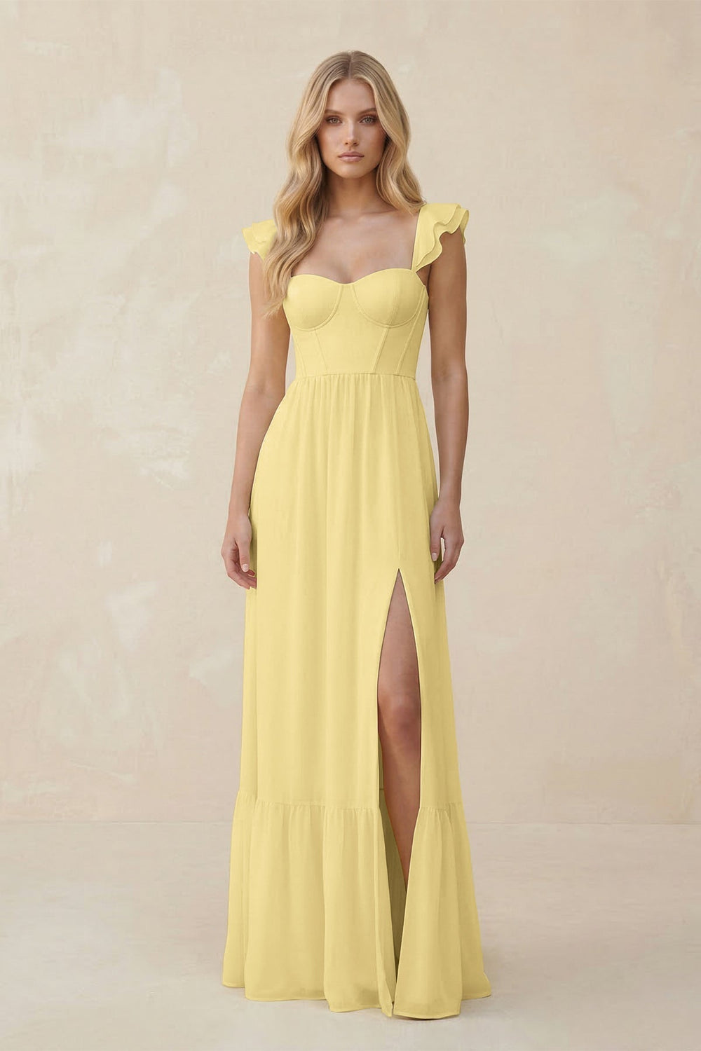 Sweetheart Ruffled Sleeve A-Line Chiffon Bridesmaid Dress in Pastel Yellow