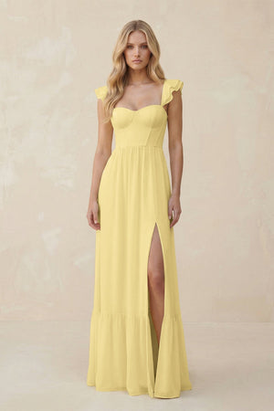 Sweetheart Ruffled Sleeve A - Line Chiffon Bridesmaid Dress in Pastel Yellow - KISS BRIDAL Bridesmaid Dresses