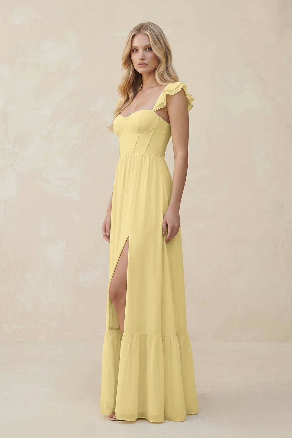 Sweetheart Ruffled Sleeve A-Line Chiffon Bridesmaid Dress in Pastel Yellow