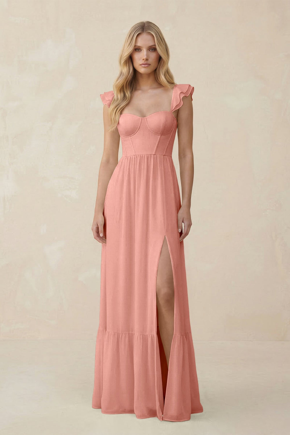 Sweetheart Ruffled Sleeve A-Line Chiffon Bridesmaid Dress in Rosette