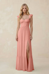 Sweetheart Ruffled Sleeve A-Line Chiffon Bridesmaid Dress in Rosette | KISSBRIDAL