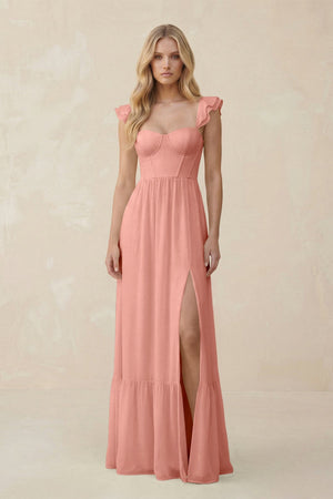 Sweetheart Ruffled Sleeve A-Line Chiffon Bridesmaid Dress in Rosette | KISSBRIDAL