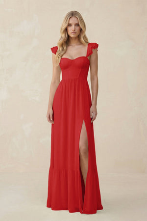 Sweetheart Ruffled Sleeve A - Line Chiffon Bridesmaid Dress in Ruby Red - KISS BRIDAL Bridesmaid Dresses