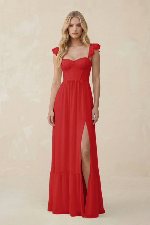 Sweetheart Ruffled Sleeve A - Line Chiffon Bridesmaid Dress in Ruby Red - KISS BRIDAL Bridesmaid Dresses
