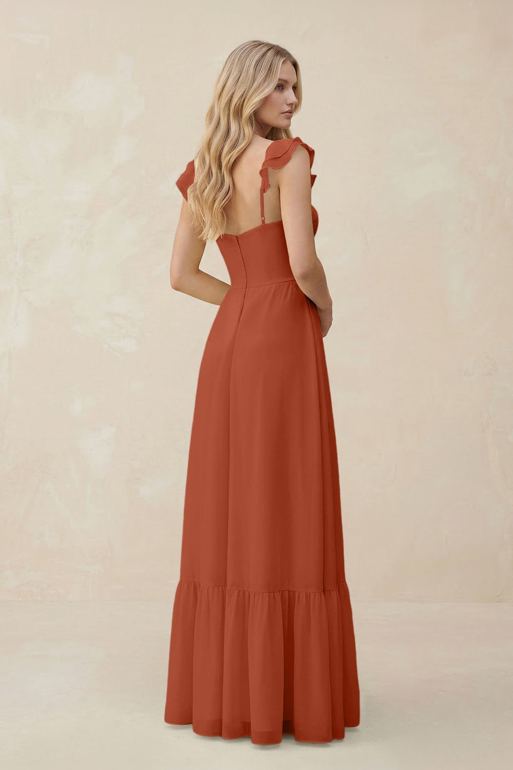 Sweetheart Ruffled Sleeve A-Line Chiffon Bridesmaid Dress in Spice