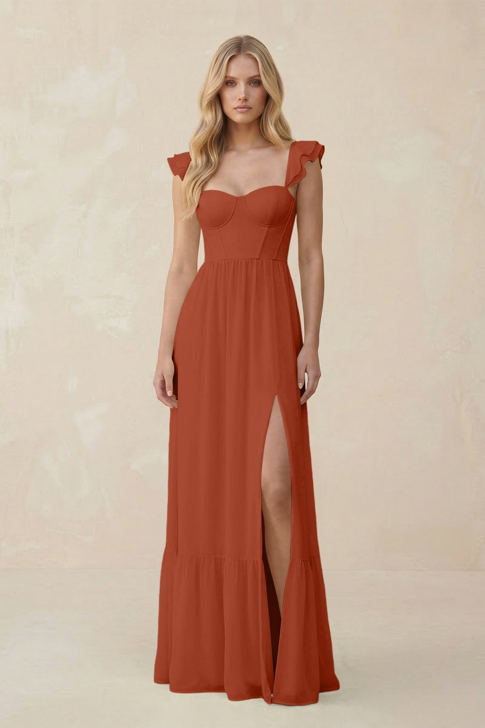 Sweetheart Ruffled Sleeve A-Line Chiffon Bridesmaid Dress in Spice