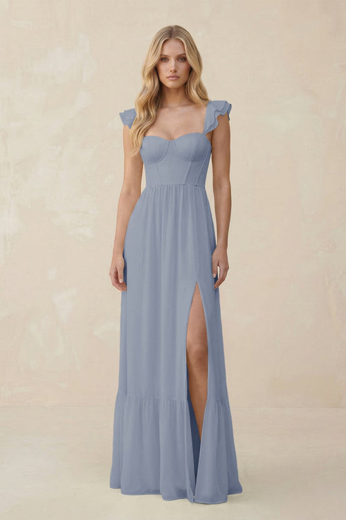 Sweetheart Ruffled Sleeve A - Line Chiffon Bridesmaid Dress in Twilight - KISS BRIDAL Bridesmaid Dresses